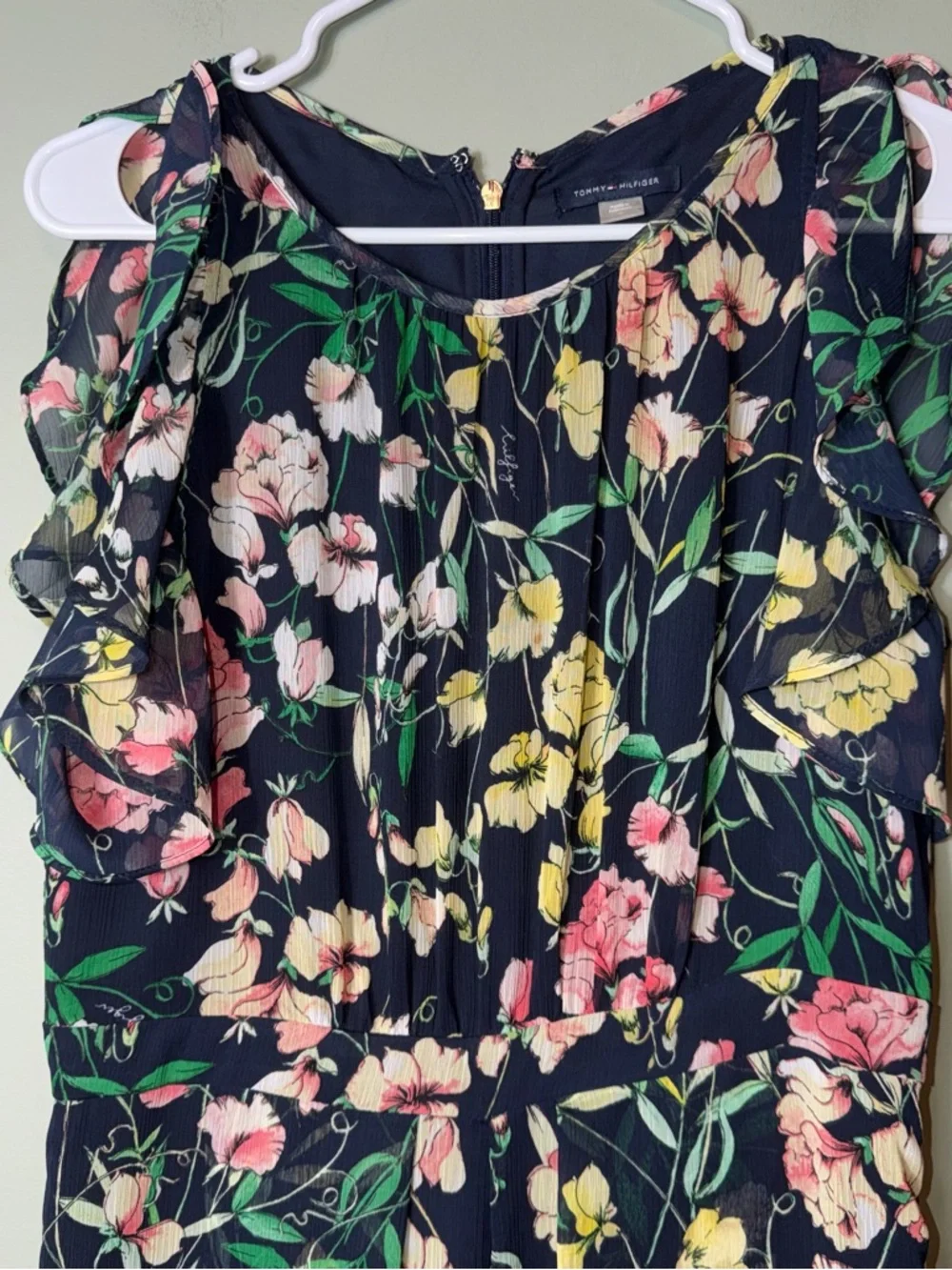 Tommy Hilfiger Women’s Blue Pink Floral Printed Ruffled Wide Leg Jumpsuit Size 8
